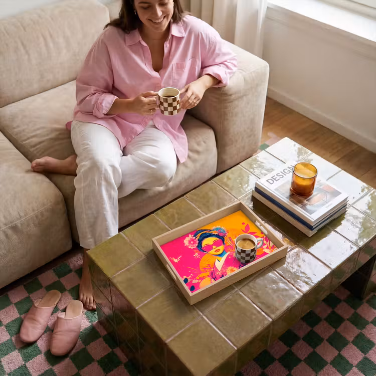 Vrouw - Zonnebril - Abstract - Oranje Dienblad Rechthoek middel -sfeer3