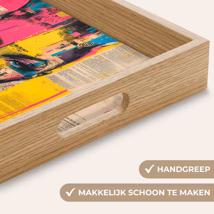 Vrouwengezicht - Krantenpapier - Abstract - Roze Dienblad Rechthoek middel -USP_HandgreepNL