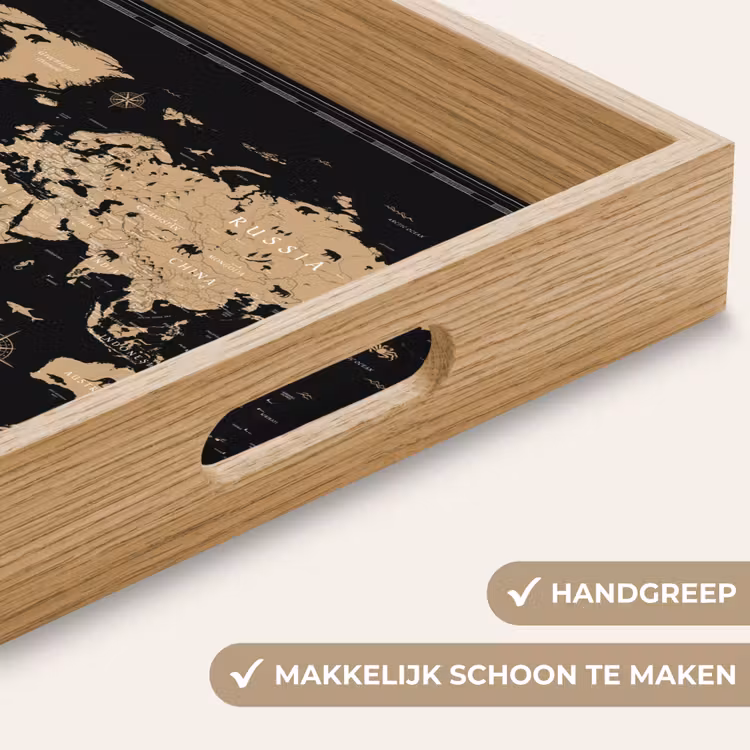 Wereldkaart - Beige - Zwart Dienblad Rechthoek middel -USP_HandgreepNL