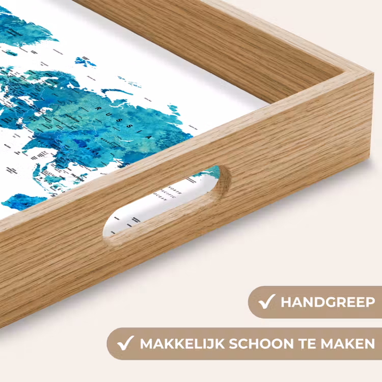 Wereldkaart - Blauw - Kleurrijk Dienblad Rechthoek middel -USP_HandgreepNL