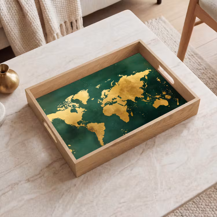 Wereldkaart - Groen - Goud Dienblad Rechthoek middel -sfeer1