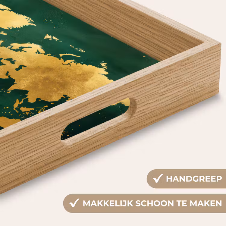 Wereldkaart - Groen - Goud Dienblad Rechthoek middel -USP_HandgreepNL