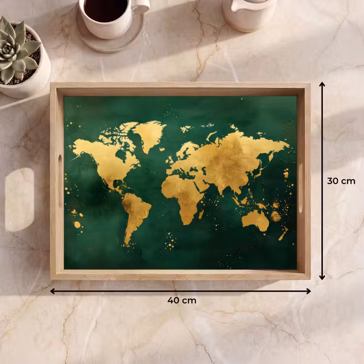 Wereldkaart - Groen - Goud Dienblad Rechthoek middel -USP_Formaat