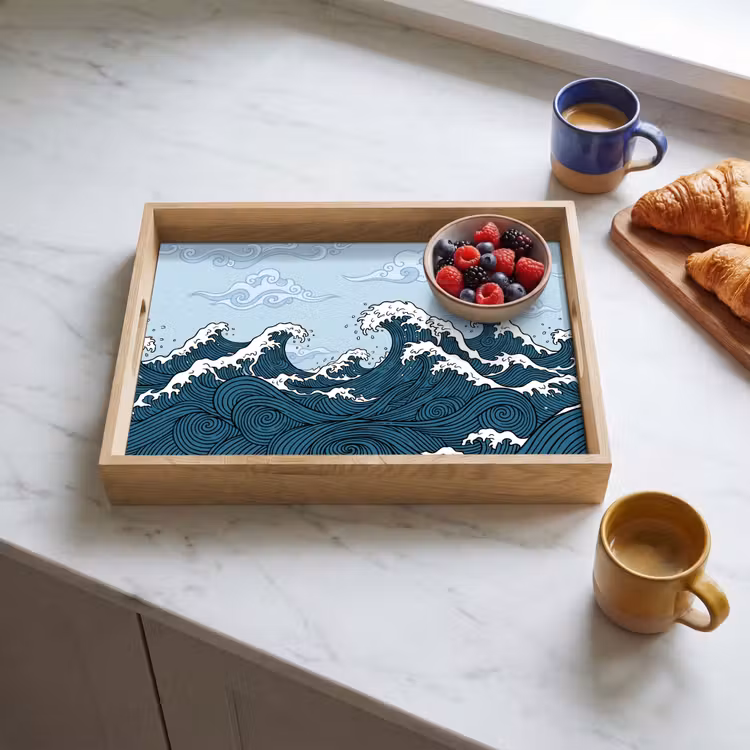 Zee - Golven - Japans - Natuur - Blauw Dienblad Rechthoek middel -sfeer2