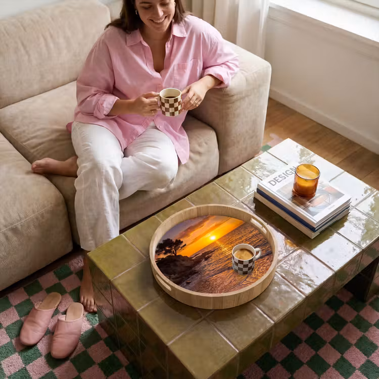 Zee - Kust - Zonsondergang - Natuur - Oranje Dienblad Rond middel -sfeer3