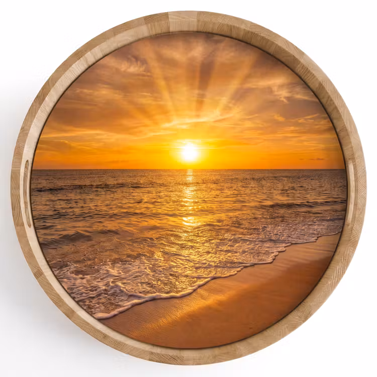 Zee - Zonsondergang - Golven - Kust - Oranje Dienblad Rond middel -z3d_shopping