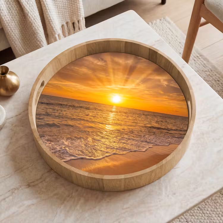 Zee - Zonsondergang - Golven - Kust - Oranje Dienblad Rond middel -sfeer1