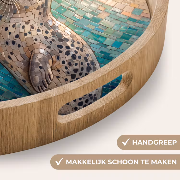 Zeehond - Mozaïek - Onderwater - Dieren - Blauw Dienblad Rond middel -USP_HandgreepNL