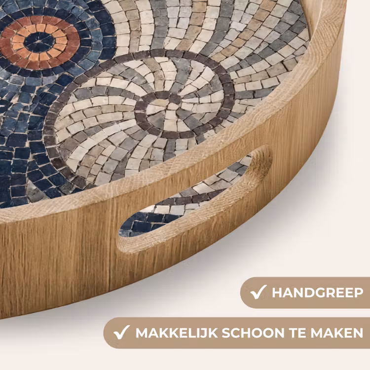 Zeeleven - Mozaïek - Kunst - Vintage - Beige Dienblad Rond middel -USP_HandgreepNL