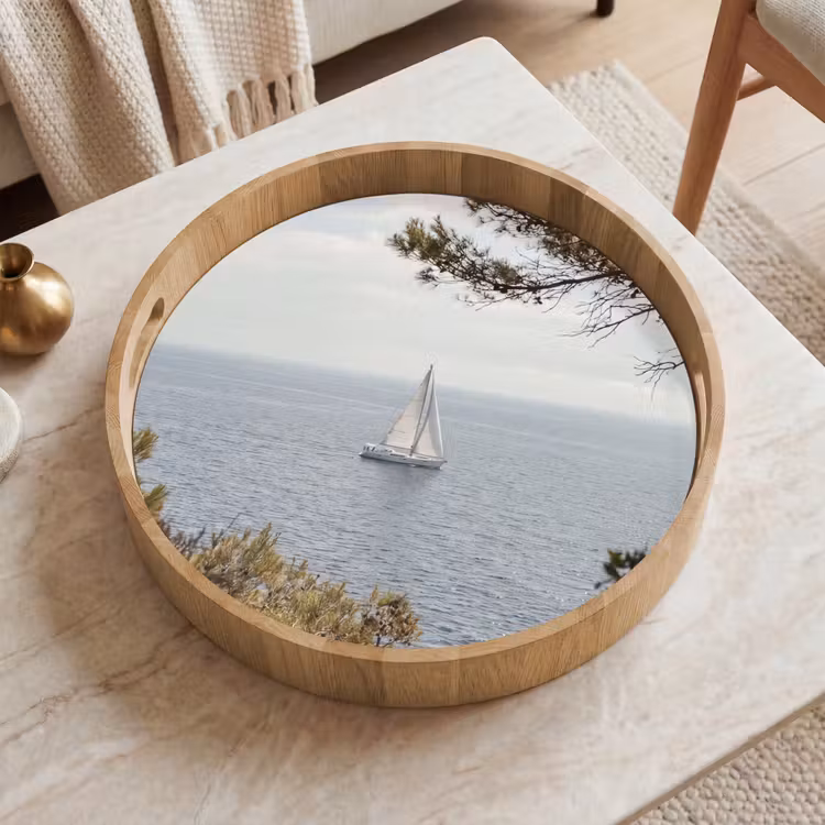 Dienblad - Zeilboot - bomen - water - Zeilboot - bomen - water Dienblad Rond middel
