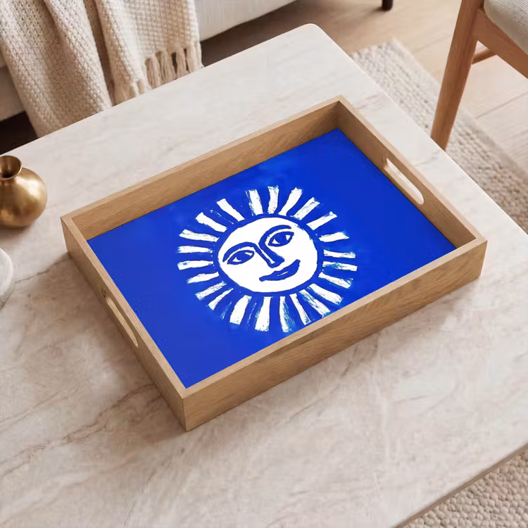 Zon - Gezicht - Penseelstructuur - Blauw Dienblad Rechthoek middel -sfeer1
