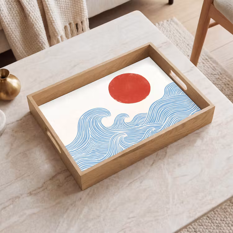 Zon - Golven - Oceaan - Abstract - Rood Dienblad Rechthoek middel -sfeer1