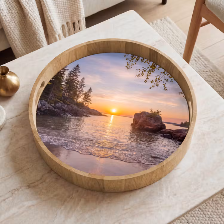 Zonsondergang - Kust - Water - Natuur - Oranje Dienblad Rond middel -sfeer1