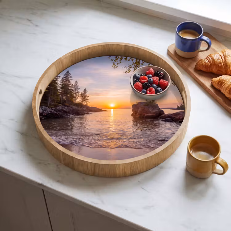 Zonsondergang - Kust - Water - Natuur - Oranje Dienblad Rond middel -sfeer2