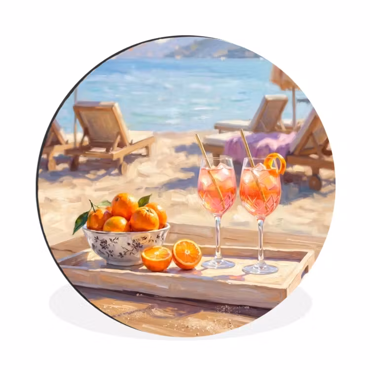 Drank - Glazen - Strand - Zomer - Oranje Wandcirkel aluminium klein -3d
