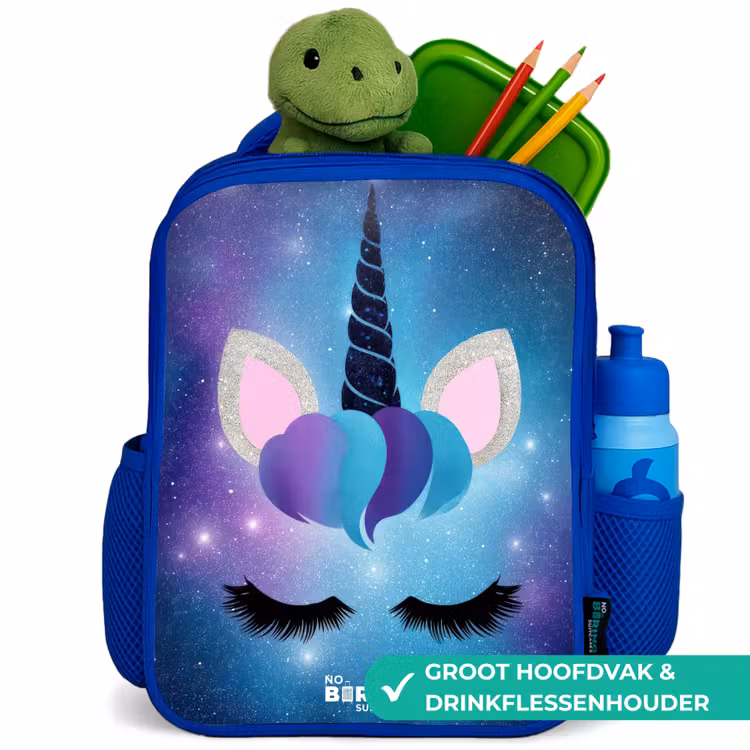 Eenhoorn op een sterrenhemel achtergrond Kinderrugzak - Blauw middel -inhoud_NL