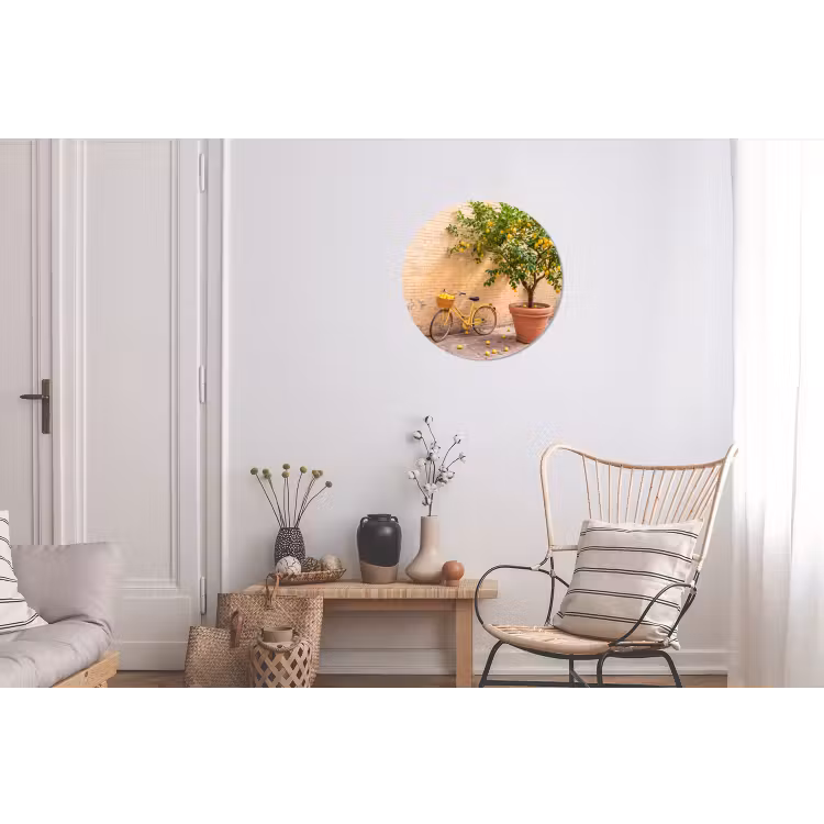Fiets - Mand - Eten - Geel - Zomer Wandcirkel aluminium klein -woonkamer