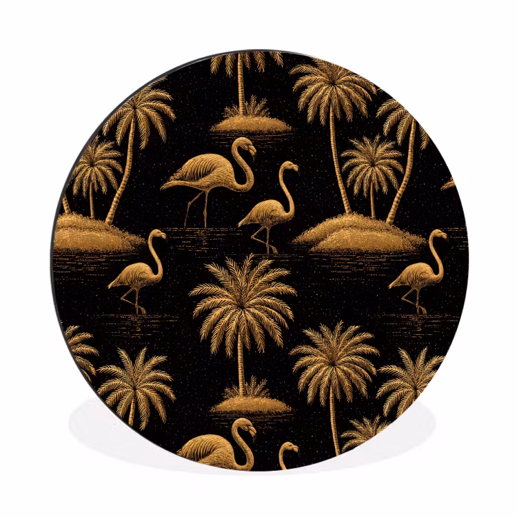 Flamingo - Palmbomen - Tropisch - Goud - Zwart Wandcirkel aluminium klein 190 -3d