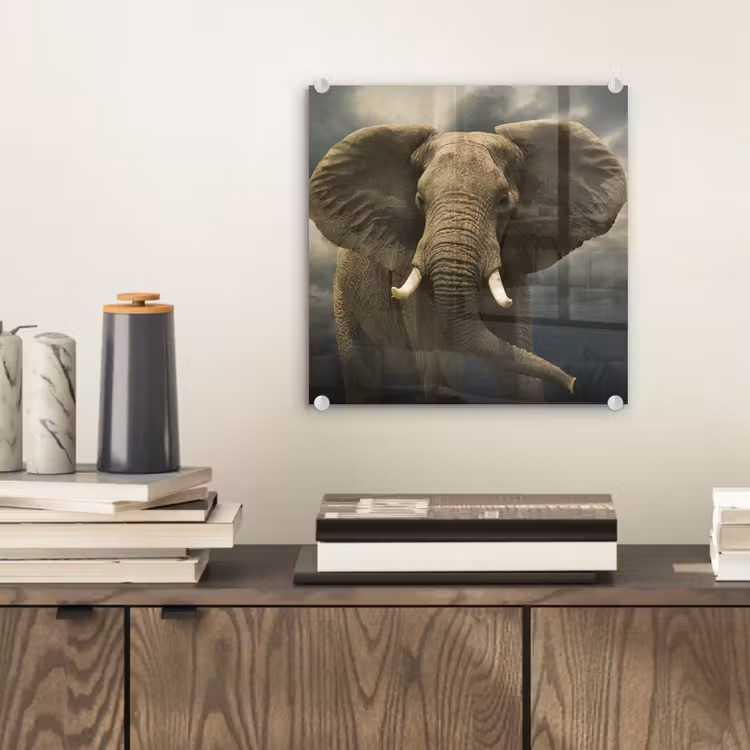 Afrikaanse olifant tegen de donkere wolken plexiglas 5mm klein -sfeer1