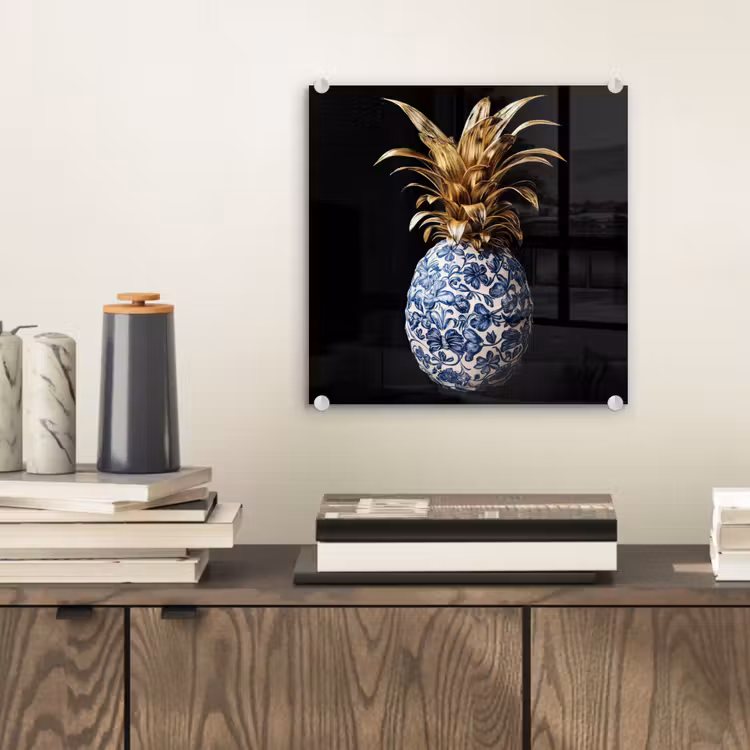Ananas - Bloemen patroon - Goud - Delftsblauw plexiglas 5mm klein -sfeer1