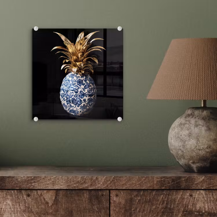 Ananas - Bloemen patroon - Goud - Delftsblauw plexiglas 5mm klein -sfeer3