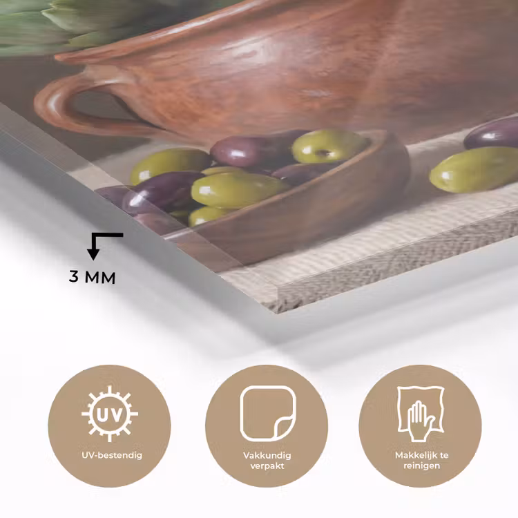 Glas schilderij - Artisjokken - Olijven - Eten - Artisjokken - Olijven - Eten plexiglas 5mm klein