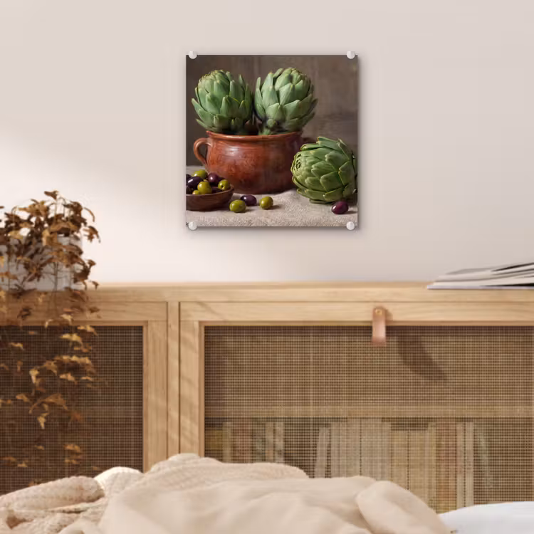 Glas schilderij - Artisjokken - Olijven - Eten - Artisjokken - Olijven - Eten plexiglas 5mm klein