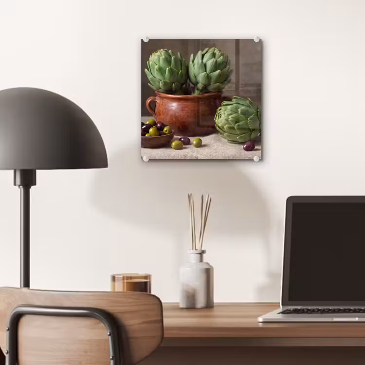 Glas schilderij - Artisjokken - Olijven - Eten - Artisjokken - Olijven - Eten plexiglas 5mm klein