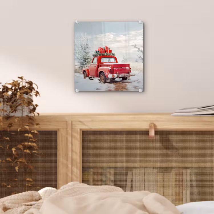 Auto - Rood - Cadeaus - Winter - Sneeuw - Kerst plexiglas 5mm klein -sfeer4