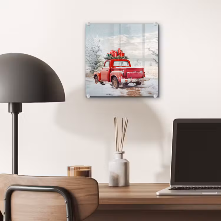 Auto - Rood - Cadeaus - Winter - Sneeuw - Kerst plexiglas 5mm klein -sfeer6