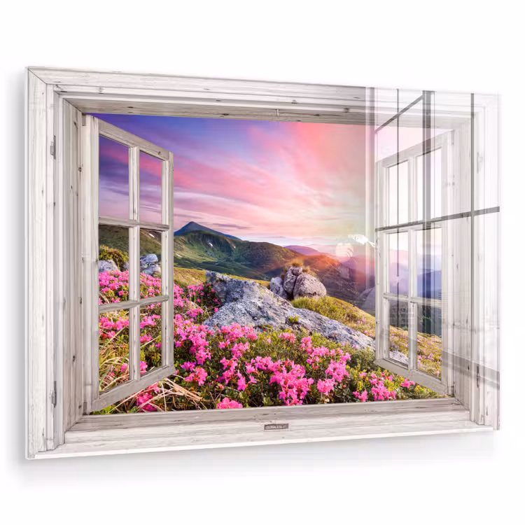 Bergen - Landschap - Doorkijk - Bloemen - Avond - Roze plexiglas 5mm klein -zzzproduct_nieuw