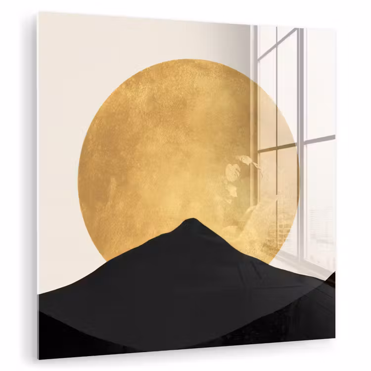 Bergsilhouetten - Gouden cirkel - Beige plexiglas 5mm klein -zzzproduct_nieuw