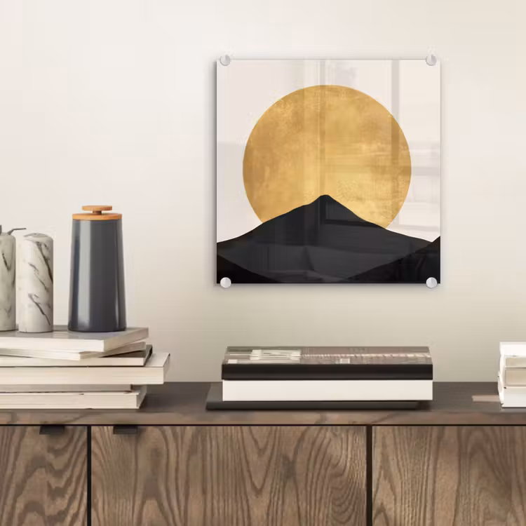 Bergsilhouetten - Gouden cirkel - Beige plexiglas 5mm klein -sfeer1