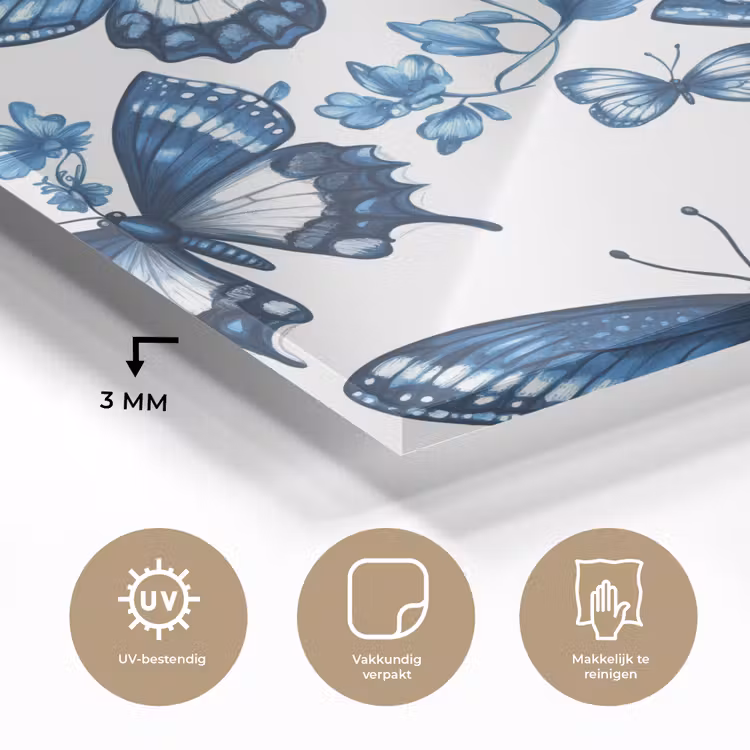 Blauw - Vlinders - Bloemen - Wit plexiglas 5mm klein 11 -sfeer2