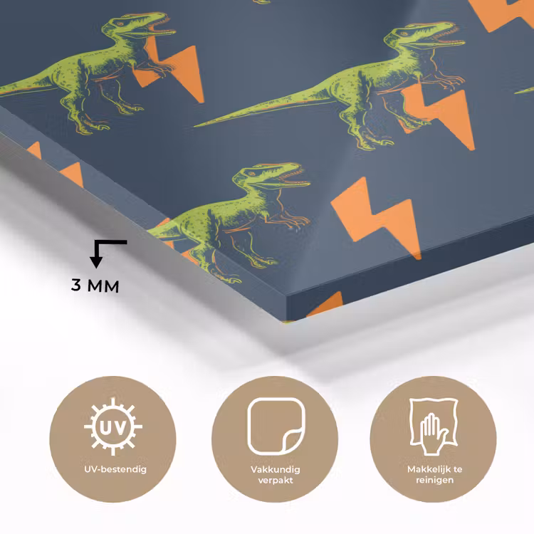 Bliksemschichten - Oranje - Dinosaurussen plexiglas 5mm klein -sfeer2