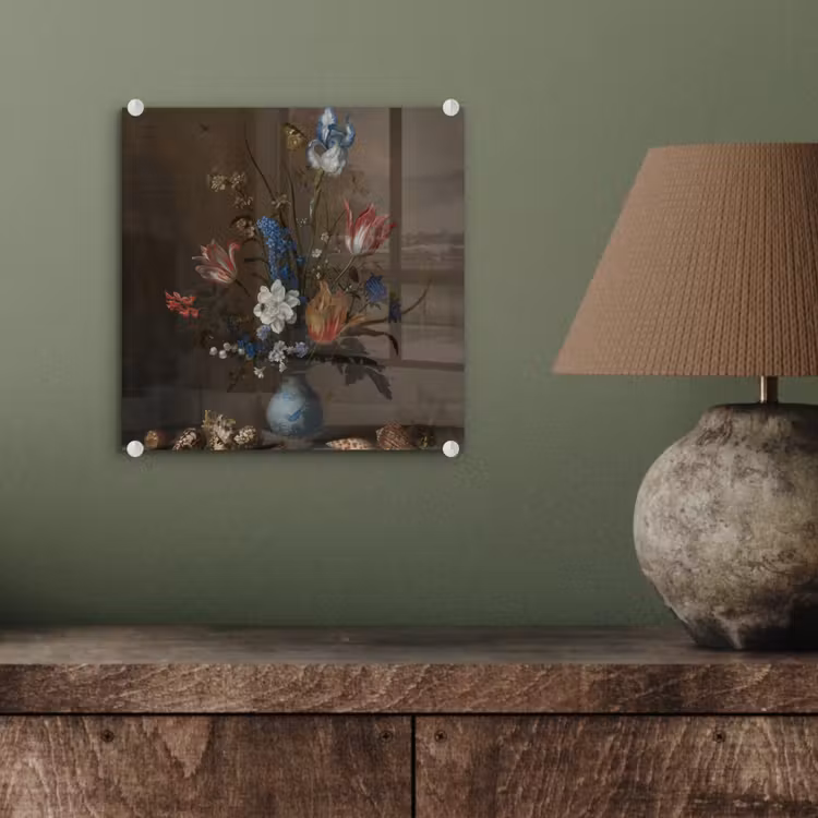 Bloemen in een Wan-Li vaas en schelpen - Schilderij van Balthasar van der Ast plexiglas 5mm klein -sfeer3