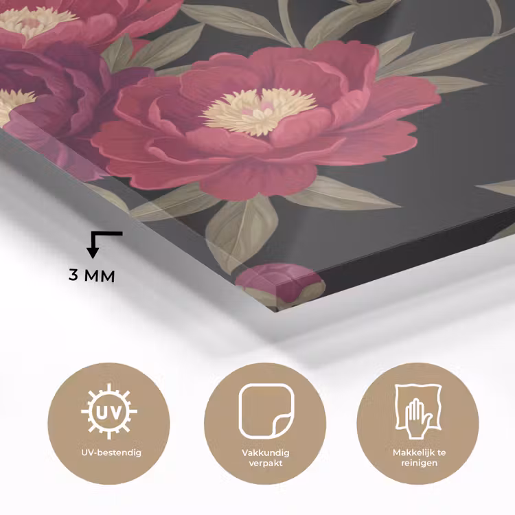 Bloemen - Patroon - Botanisch - Rood - Zwart plexiglas 5mm klein -sfeer2
