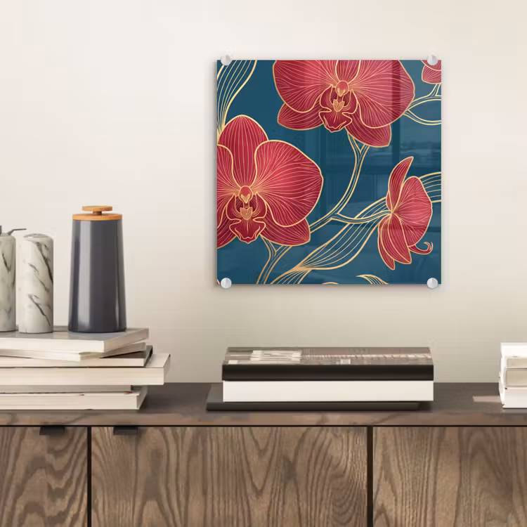 Glas schilderij - Bloemen - Rood - Goud - Bloemen - Rood - Goud plexiglas 5mm klein