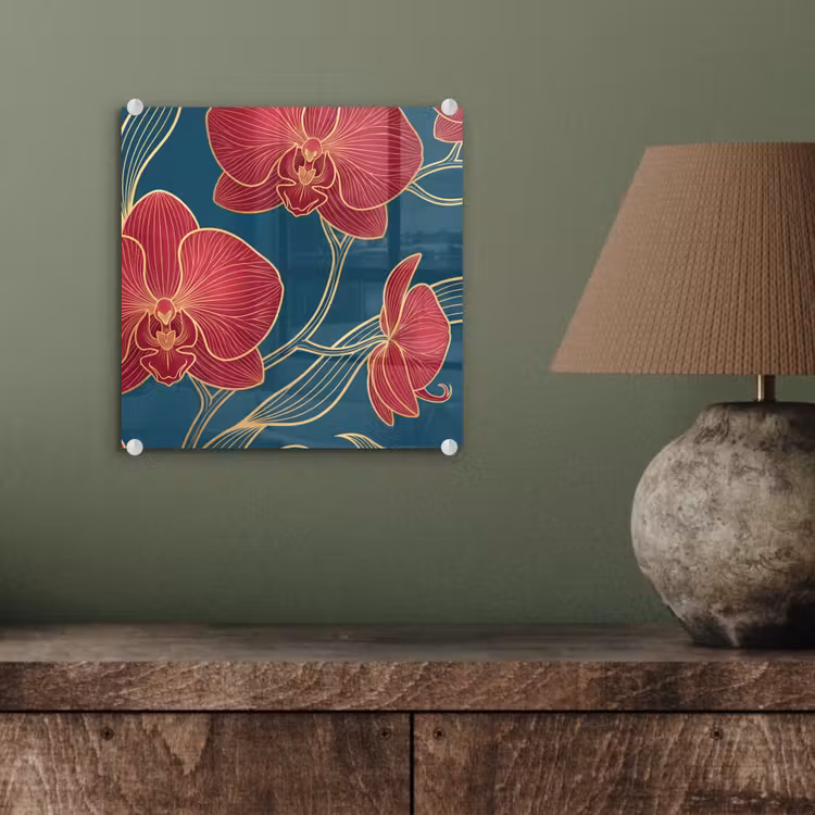 Glas schilderij - Bloemen - Rood - Goud - Bloemen - Rood - Goud plexiglas 5mm klein