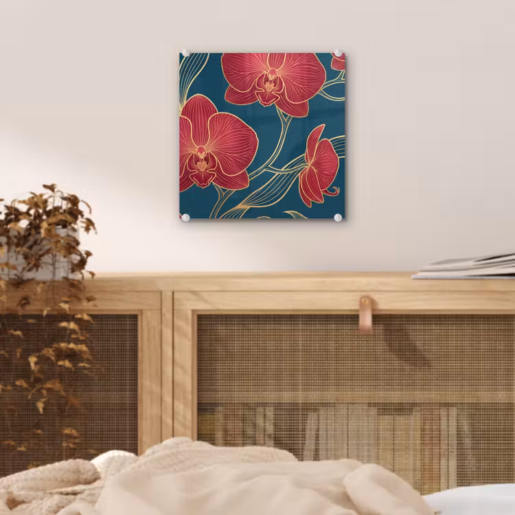 Glas schilderij - Bloemen - Rood - Goud - Bloemen - Rood - Goud plexiglas 5mm klein