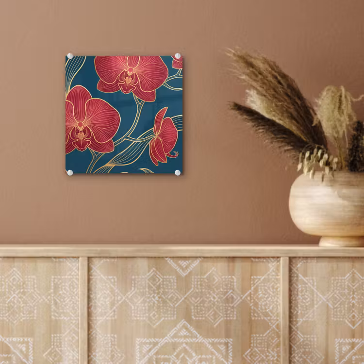 Glas schilderij - Bloemen - Rood - Goud - Bloemen - Rood - Goud plexiglas 5mm klein