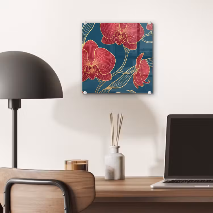 Glas schilderij - Bloemen - Rood - Goud - Bloemen - Rood - Goud plexiglas 5mm klein
