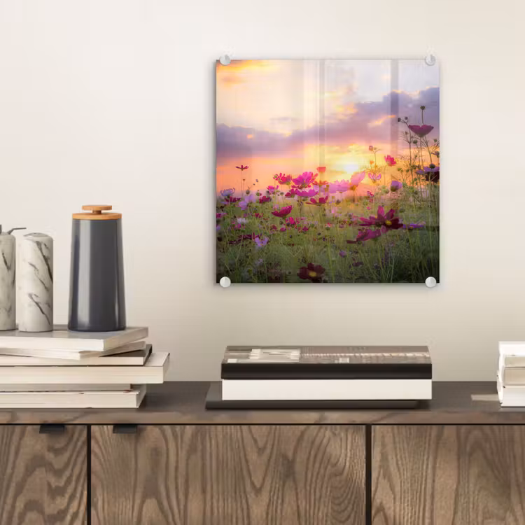 Bloemen - Roze - Zonsondergang - Natuur - Weide - Horizon plexiglas 5mm klein -sfeer1