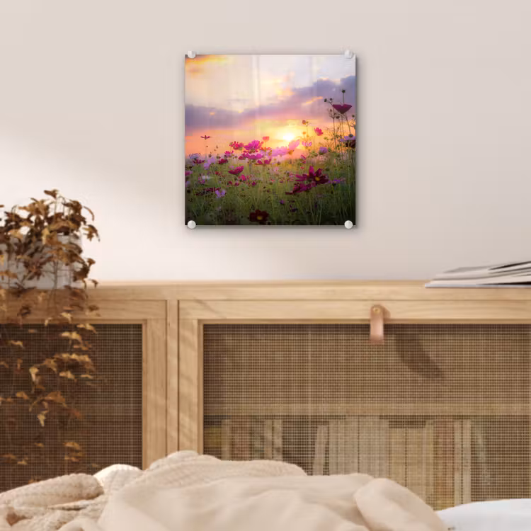 Bloemen - Roze - Zonsondergang - Natuur - Weide - Horizon plexiglas 5mm klein -sfeer4