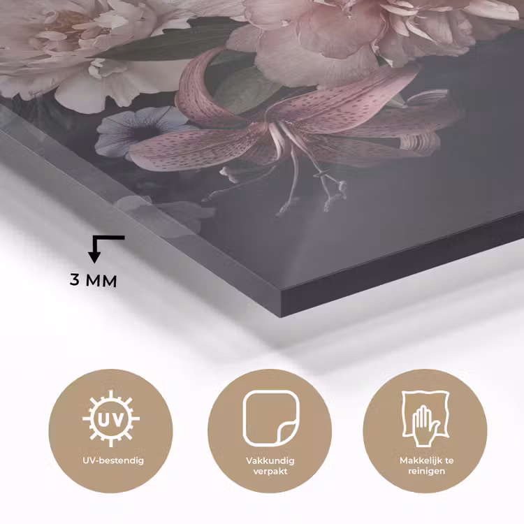 Bloemen - Vintage - Pastel - Zwart - Boeket plexiglas 5mm klein -sfeer2