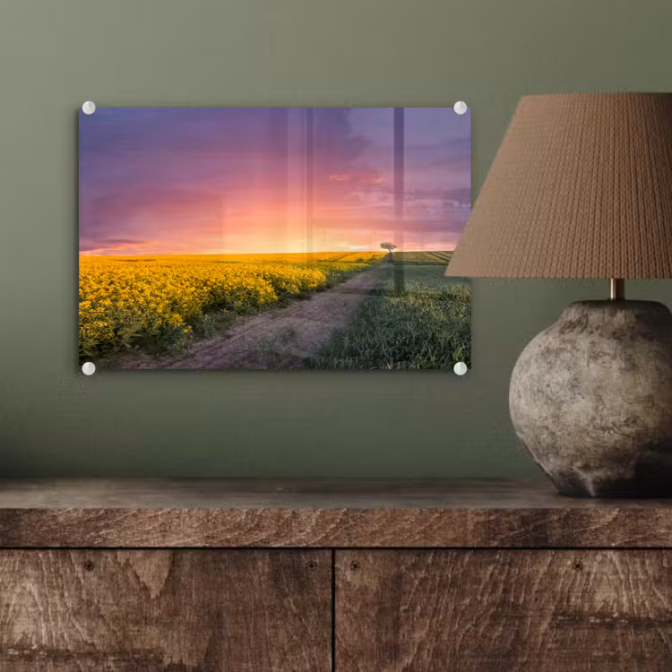 Bloemen - Weg - Lucht - Geel - Paars - Zonsondergang - Natuur plexiglas 5mm klein -sfeer3