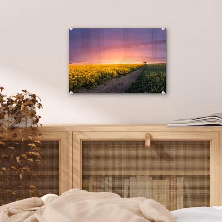 Bloemen - Weg - Lucht - Geel - Paars - Zonsondergang - Natuur plexiglas 5mm klein -sfeer4