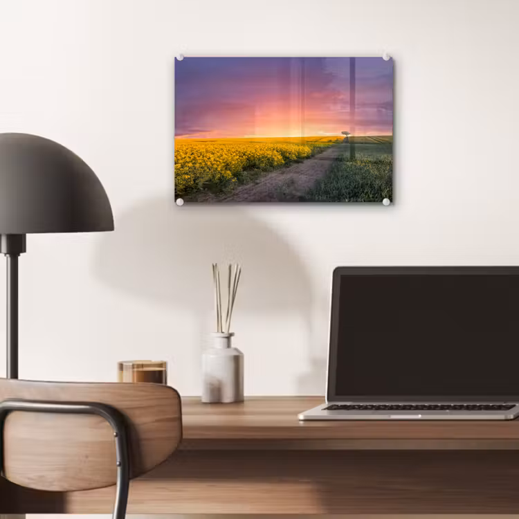 Bloemen - Weg - Lucht - Geel - Paars - Zonsondergang - Natuur plexiglas 5mm klein -sfeer6