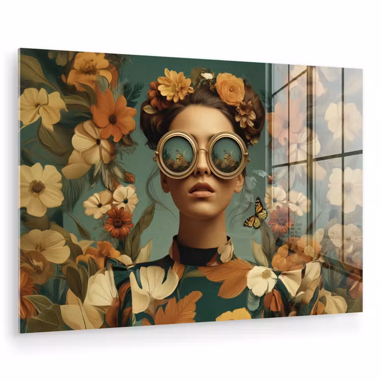 Bloemenkrans - Vrouwengezicht - Zonnebril - Oranje plexiglas 5mm klein -zzzproduct_nieuw