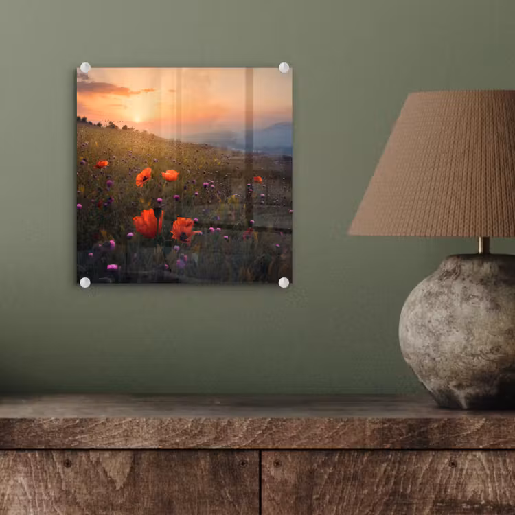 Bloemenveld - Gras - Bloemen - Planten - Zonsondergang - Oranje plexiglas 5mm klein -sfeer3